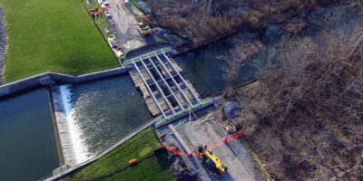 Steel bridge erection over the lake outlet